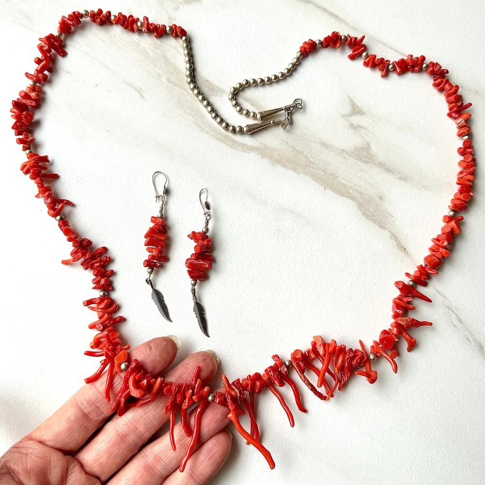 VTG Santo Domingo Red Branch Coral Necklace Natural 34in 62g Set Native Amer